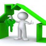 Concept image of a character holding a house key inside miniature house model